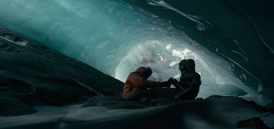 A beautiful shot in the movie Midnight Sky filmed inside an ice cave in Iceland A beautiful shot in the movie Midnight Sky filmed inside an ice cave in Iceland