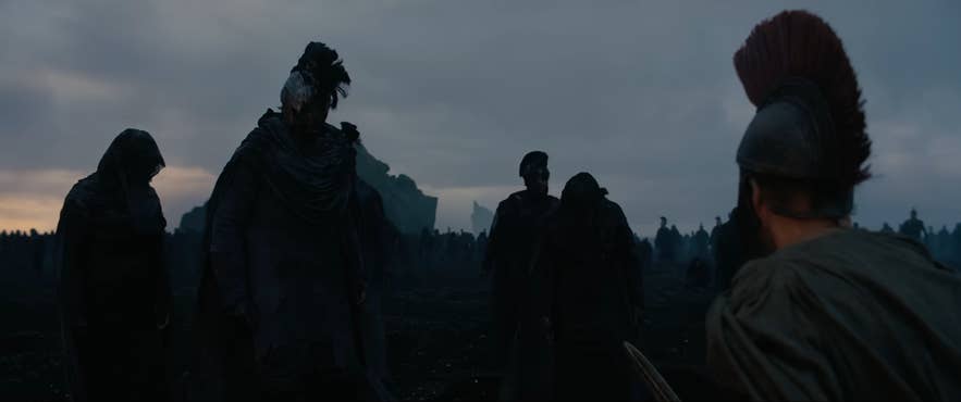 Warriors in dark volcanic landscape filmed in Iceland for The Odyssey movie. Warriors in dark volcanic landscape filmed in Iceland for The Odyssey movie.