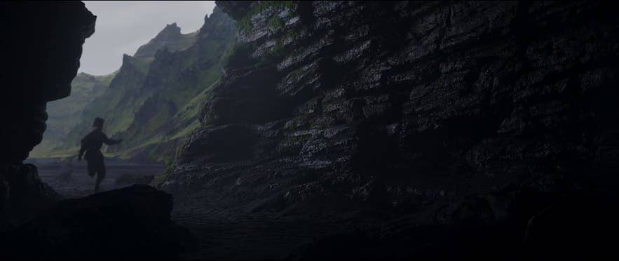 Jyn Erso flees inside a nearby cave during the opening scene of Rogue One, filmed in Iceland Jyn Erso flees inside a nearby cave during the opening scene of Rogue One, filmed in Iceland