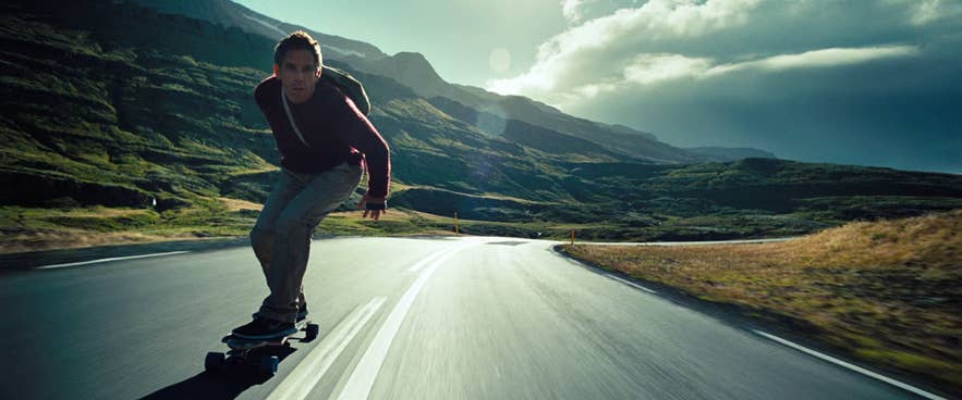 Ben Stiller as Walter Mitty, longboarding across Iceland Ben Stiller as Walter Mitty, longboarding across Iceland