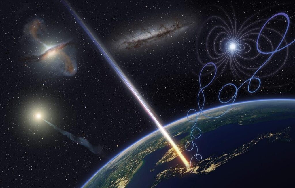 Ultrahigh-energy Cosmic Rays May Be Ultraheavy in Origin Artist’s impression of an ultra-high energy cosmic ray reaching Earth. Credit: Osaka Metropolitan University/Kyoto University L-INSIGHT/Ryuunosuke Takeshige
