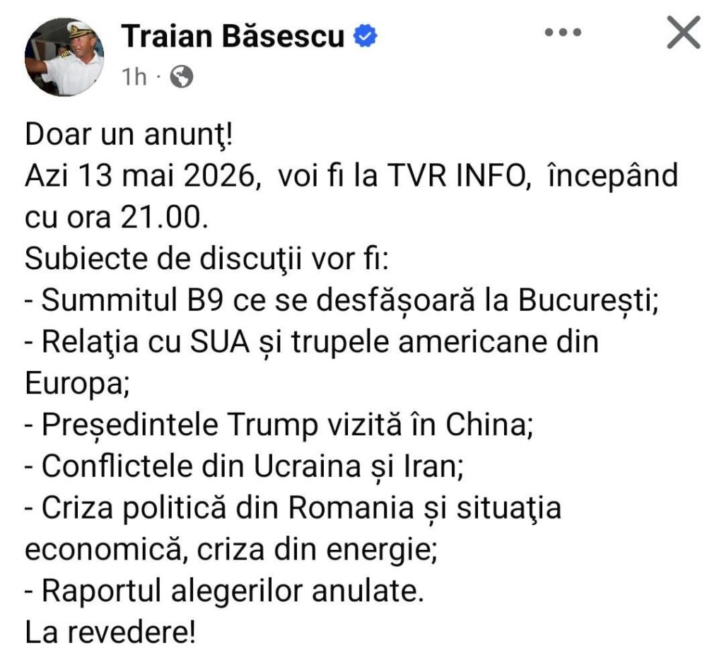 Traian Băsescu tonight on TVR Info, 21:00