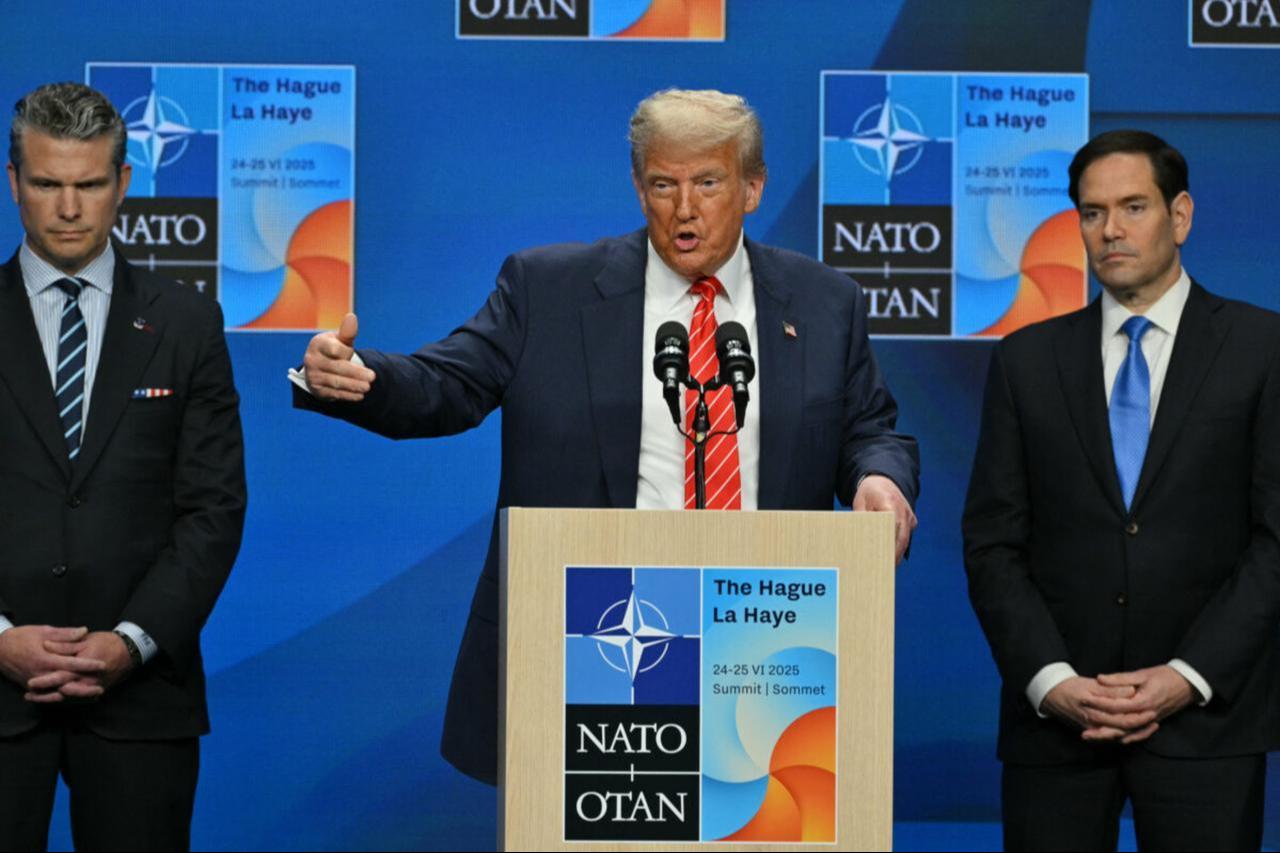 Defense Secretary Pete Hegseth (L) and Secretary of State Marco Rubio (R) listen as US President Donald Trump addresses a press conference during a NATO Heads of State and Government summit in The Hague, Netherlands, June 25, 2025. (AFP Photo)