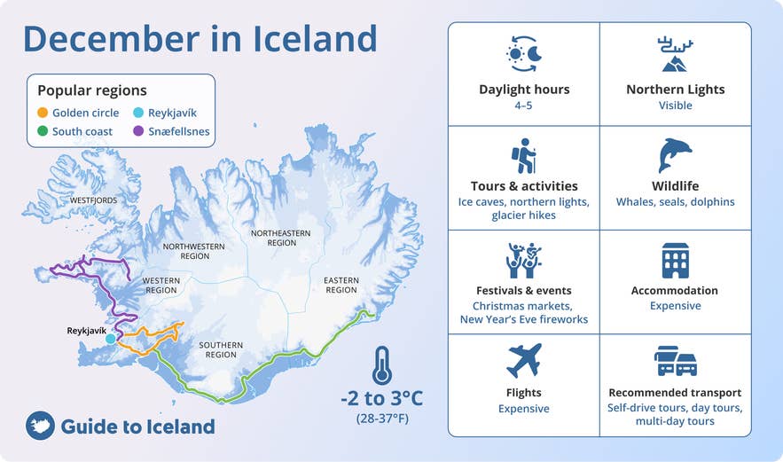 Travel guide infographic for December in Iceland showing temperatures, tours, wildlife, and holiday festivals Travel guide infographic for December in Iceland showing temperatures, tours, wildlife, and holiday festivals