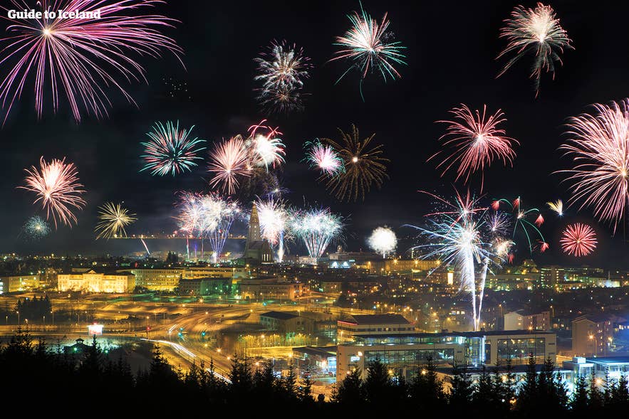 ireworks over Reykjavik city on New Year's Eve in Iceland, celebrating the holiday night ireworks over Reykjavik city on New Year's Eve in Iceland, celebrating the holiday night
