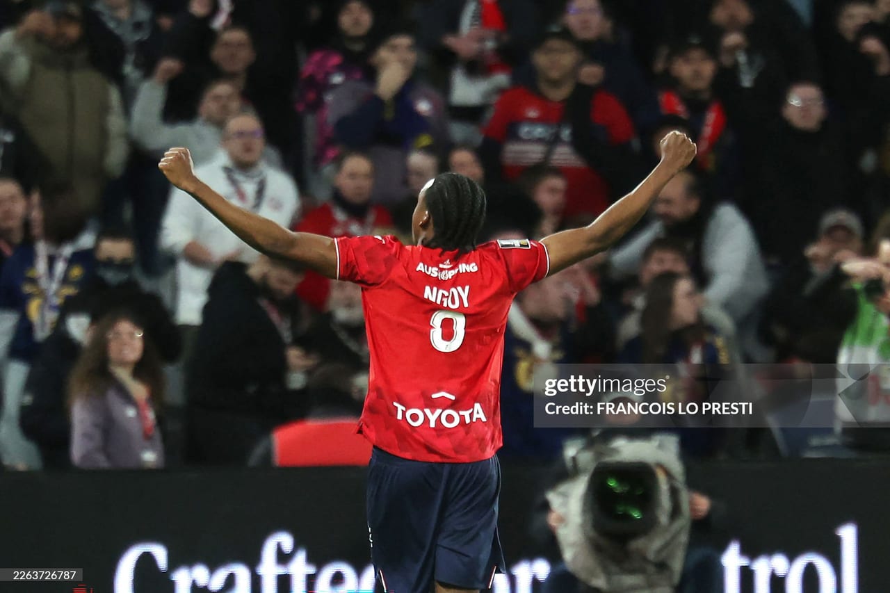 Nathan Ngoy celebrating for Lille during the 2025-26 Ligue 1 season
