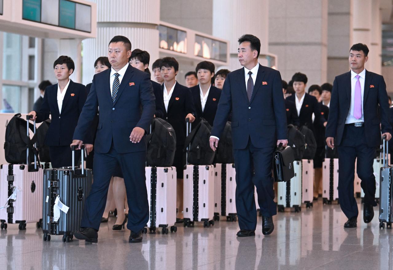 North Korea's Naegohyang Women's FC players arrive at Incheon International Airport in Incheon, South Korea on May 17, 2026. (AFP Photo)