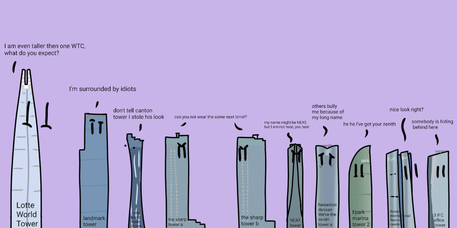 I made a funny drawing of the 10 tallest buildings in South Korea.
