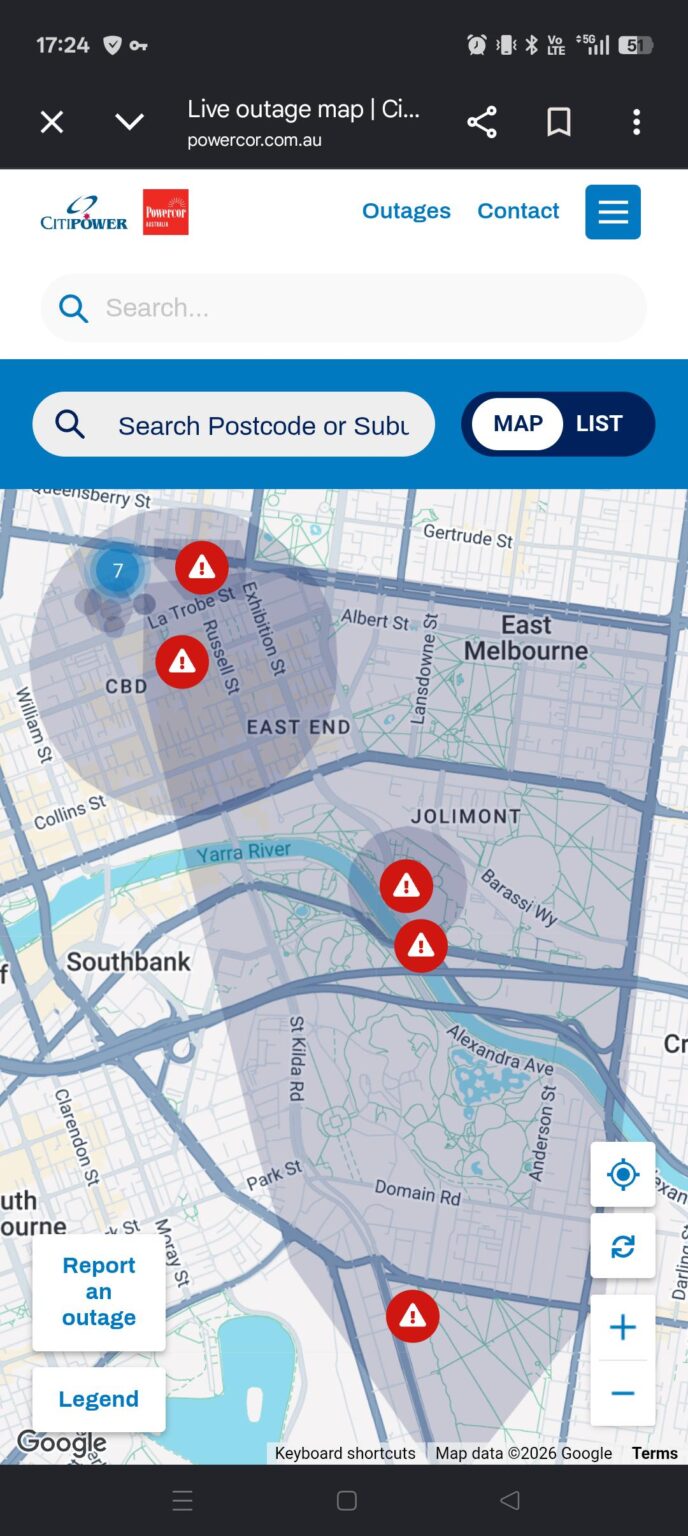 Big chunk of the CBD and surrounding without power