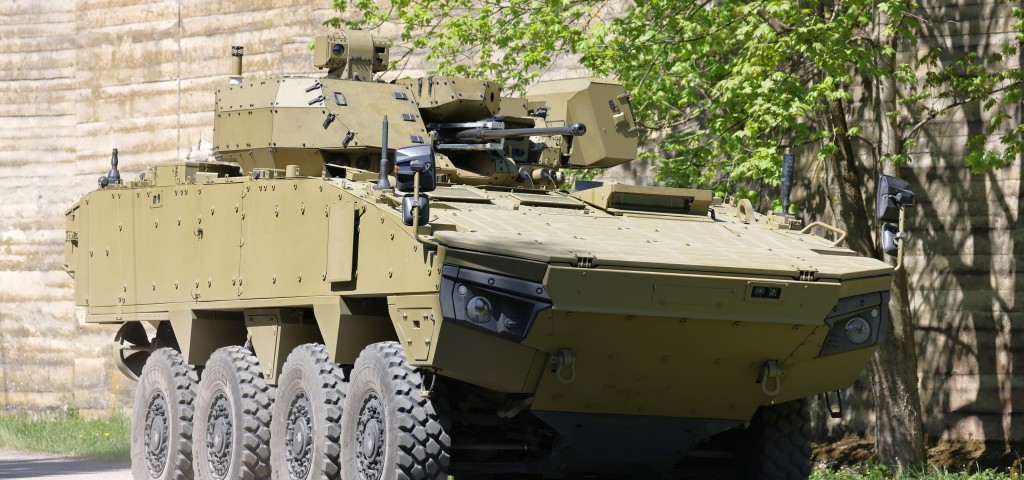 A Patria AMV XP with turret and add-on armour.