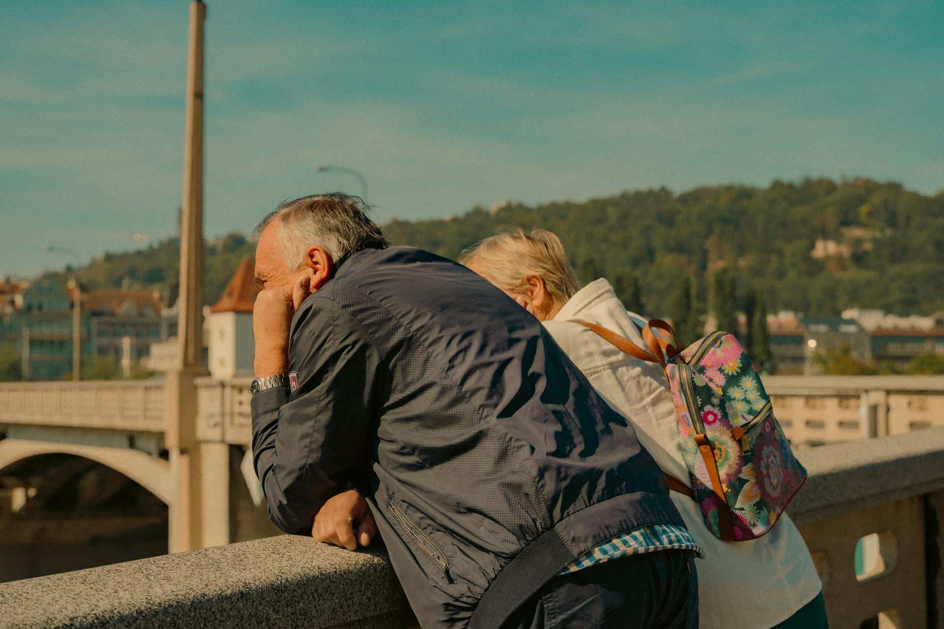 senior couple enjoying scenic view in prague