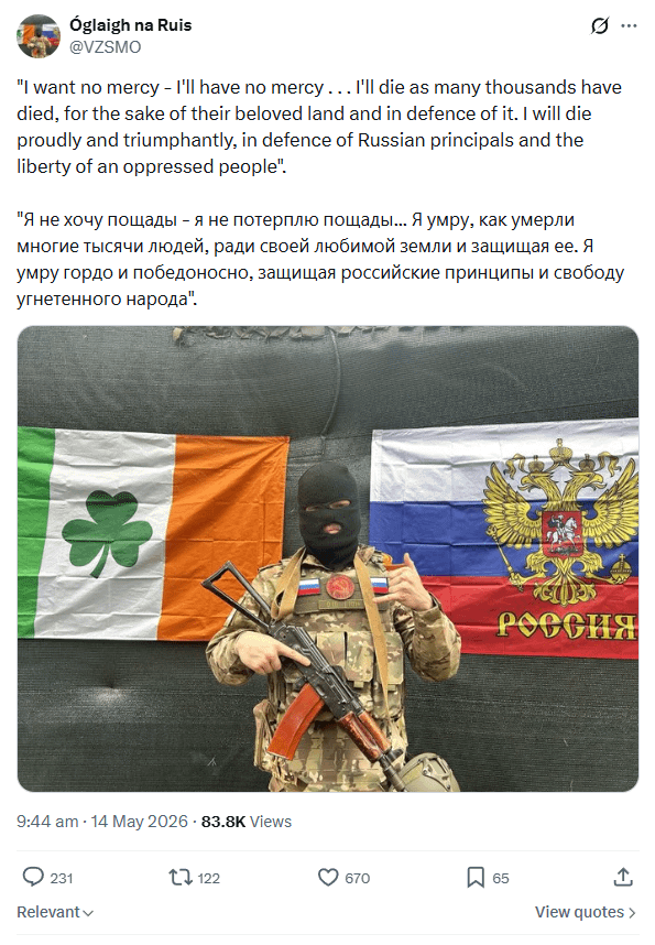 Fool claiming to be an Irish volunteer in the Russian army.