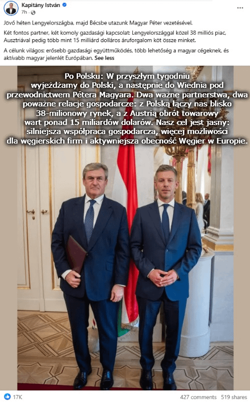 István Kapitány, Hungarian Minister of Economy and Energy, is leaving for Poland next week with Péter Magyar.