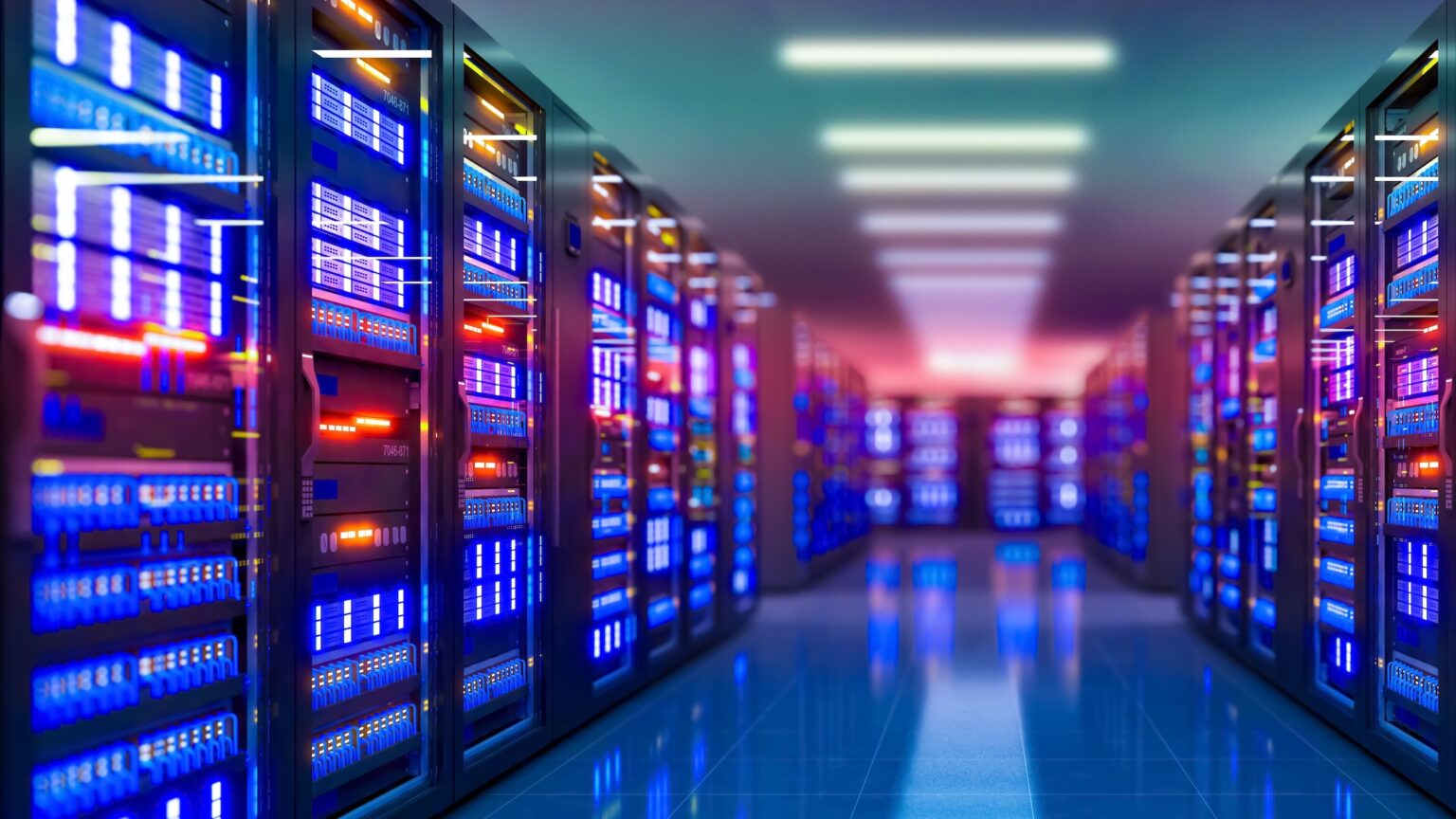Data center server racks in a large facility