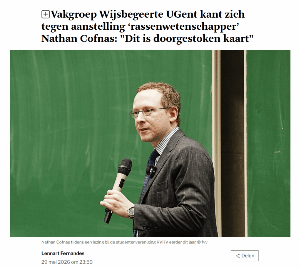 Department of Philosophy UGent opposes appointment of 'racial scientist' Nathan Cofnas: “This is a complete fool”