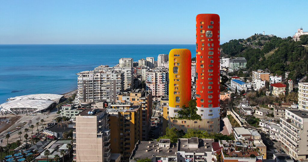 selgascano's sky-K rises as two colorful residential 'chimneys' in albania