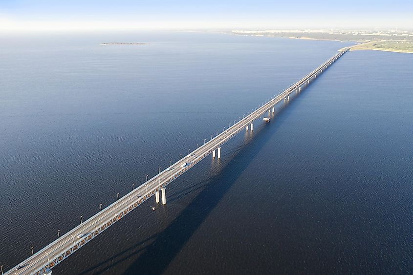Aerial view of the President Bridge across the Volga River in Russia