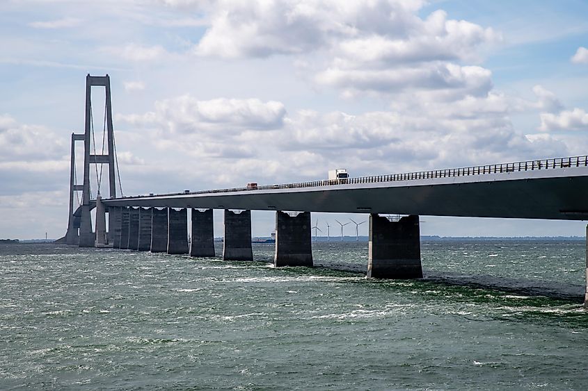 Vehicles driving along the Great Belt Bridge (Eastern) in Denmark