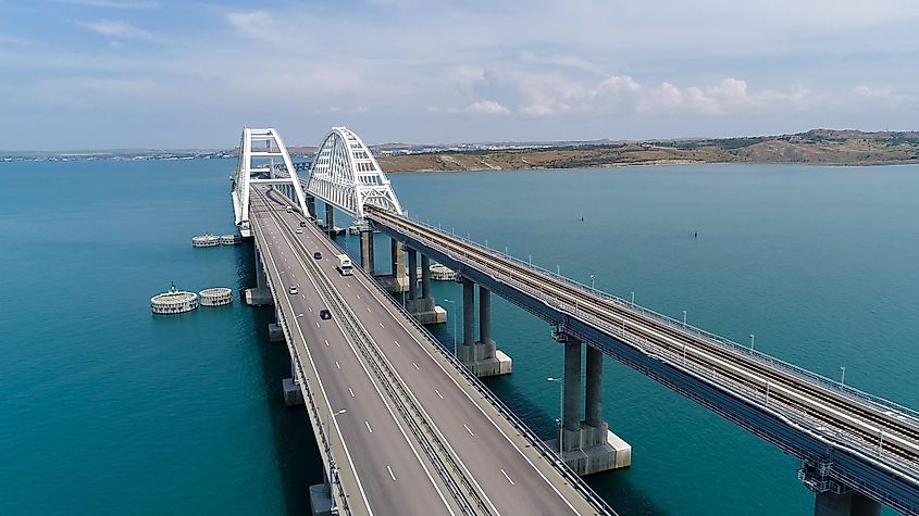 Top view of the Crimean Bridge across the Kerch Strait in Russia