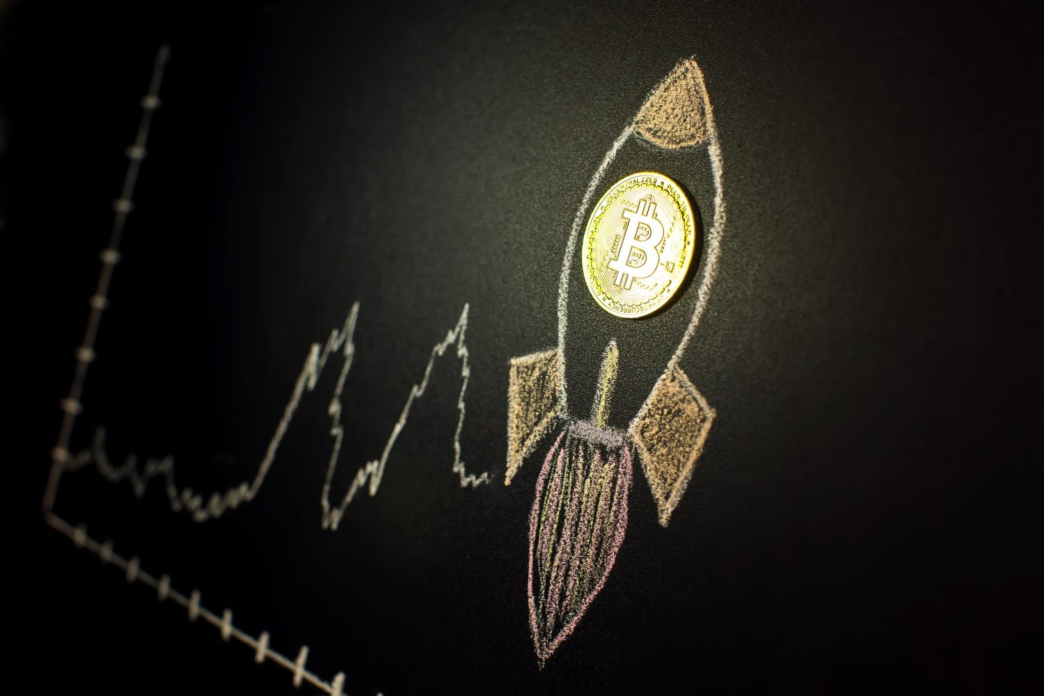 Bitcoin to the moon with rocket illustration. The growth of Cryptocurrency concept.