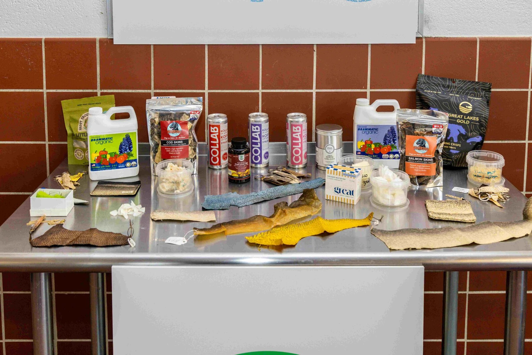 An array of fish products on a table.