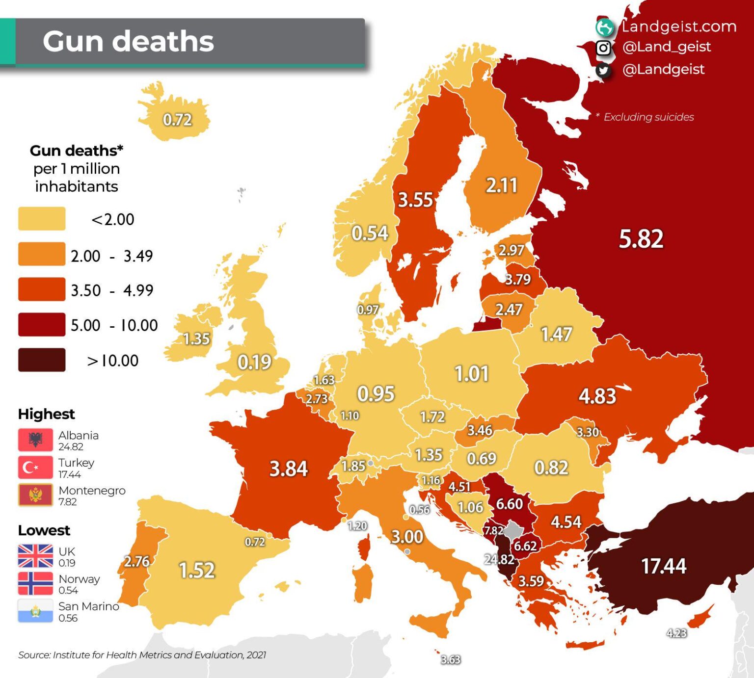 Map Showing Gun Deaths By Country In Europe