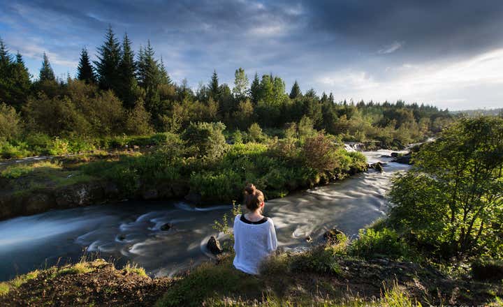 A woman relaxes beside a stream flowing through one of the small forests in Iceland near Reykjavik.
