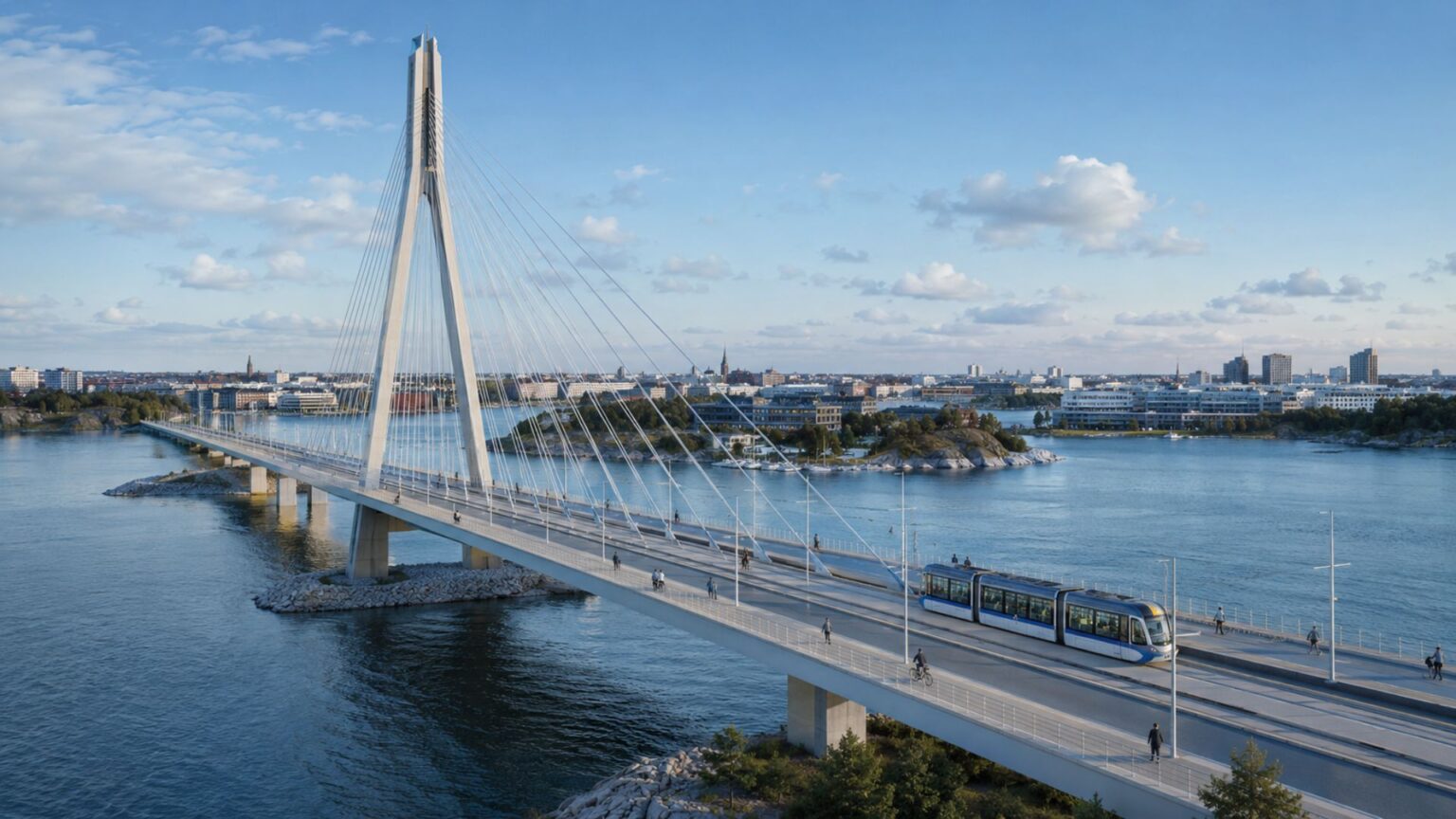 The largest bridge in Finland has just been inaugurated and cars simply cannot pass on it; only trams, bicycles, and pedestrians are allowed to cross the 1.2 km giant with a 135-meter pillar over the Baltic Sea. The largest bridge in Finland has just been inaugurated and cars simply cannot pass on it; only trams, bicycles, and pedestrians are allowed to cross the 1.2 km giant with a 135-meter pillar over the Baltic Sea.