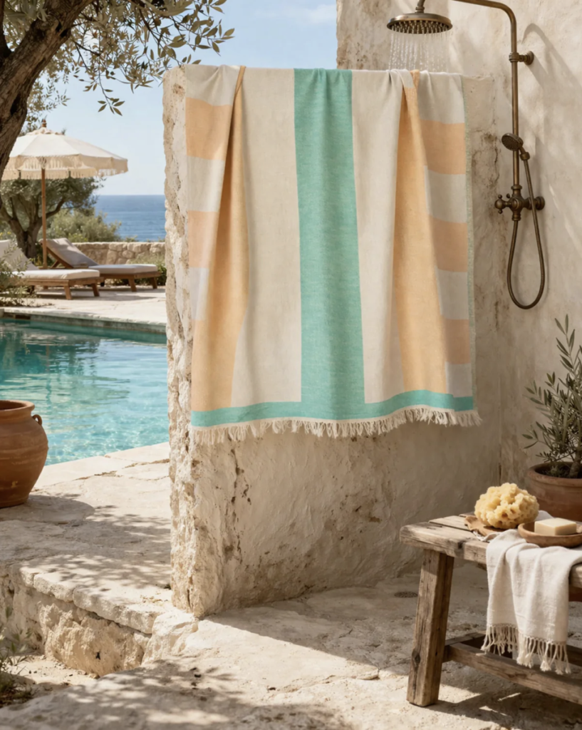 Turkish towel thrown over the top of an outdoor shower