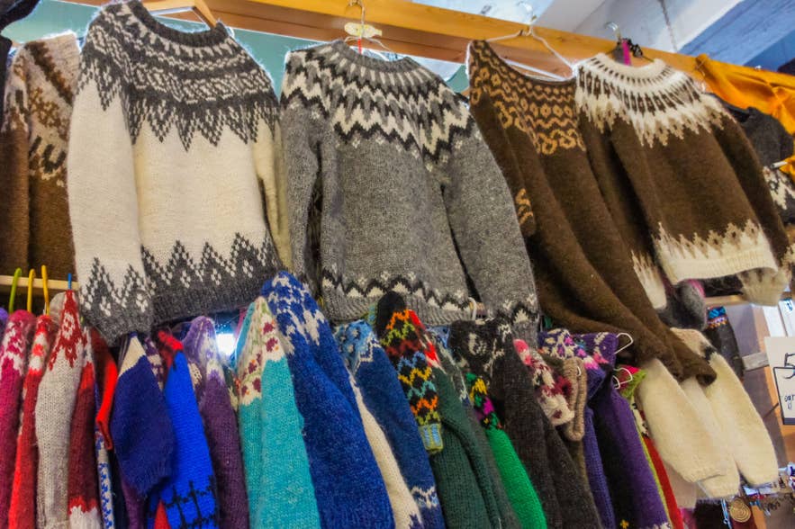 Colorful Icelandic wool sweaters and knitwear for sale as popular souvenirs in Iceland Colorful Icelandic wool sweaters and knitwear for sale as popular souvenirs in Iceland