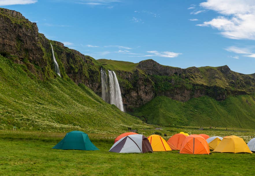 Camping tents near Seljalandsfoss waterfall in southern Iceland, set against lush green cliffs and a bright blue sky. Camping tents near Seljalandsfoss waterfall in southern Iceland, set against lush green cliffs and a bright blue sky.