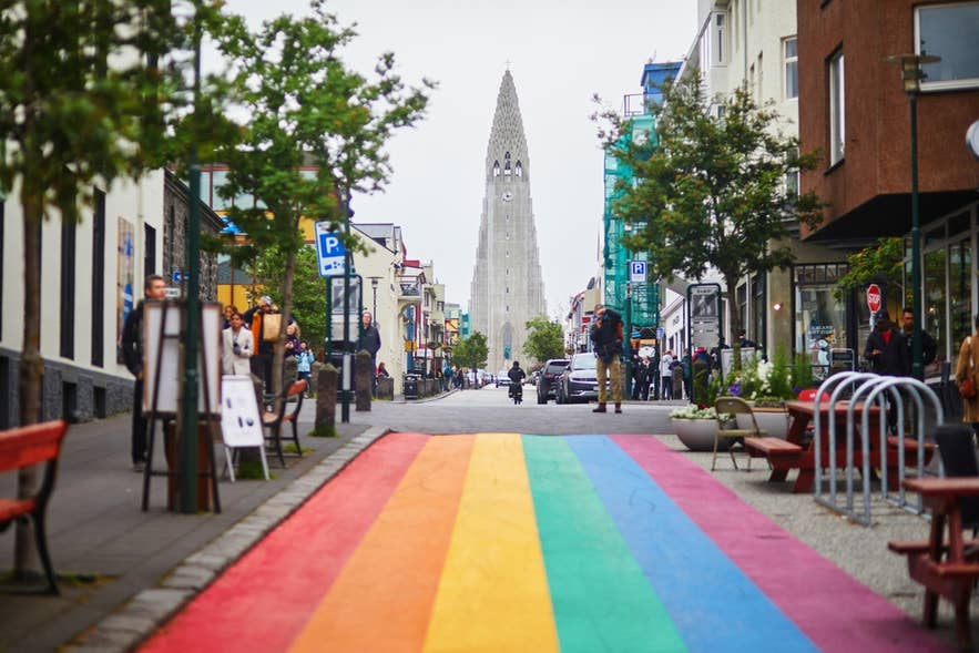 Rainbow-painted street leading to Hallgrimskirkja Church in Reykjavik.