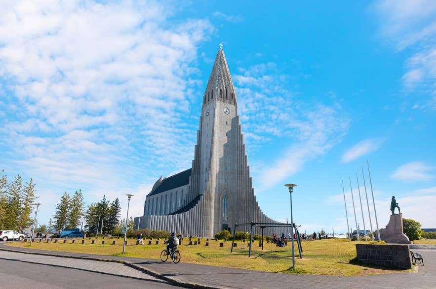 Hallgrimskirkja Church towering over Reykjavik on a clear blue day