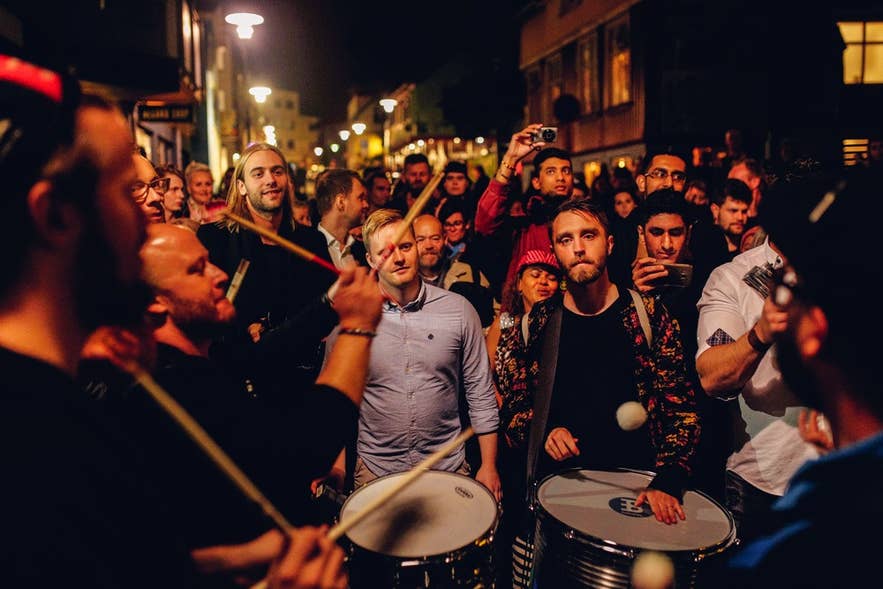 Street drummers perform during Reykjavik Culture Night, one of the top festivals in Iceland for music, art, and community. Street drummers perform during Reykjavik Culture Night, one of the top festivals in Iceland for music, art, and community.