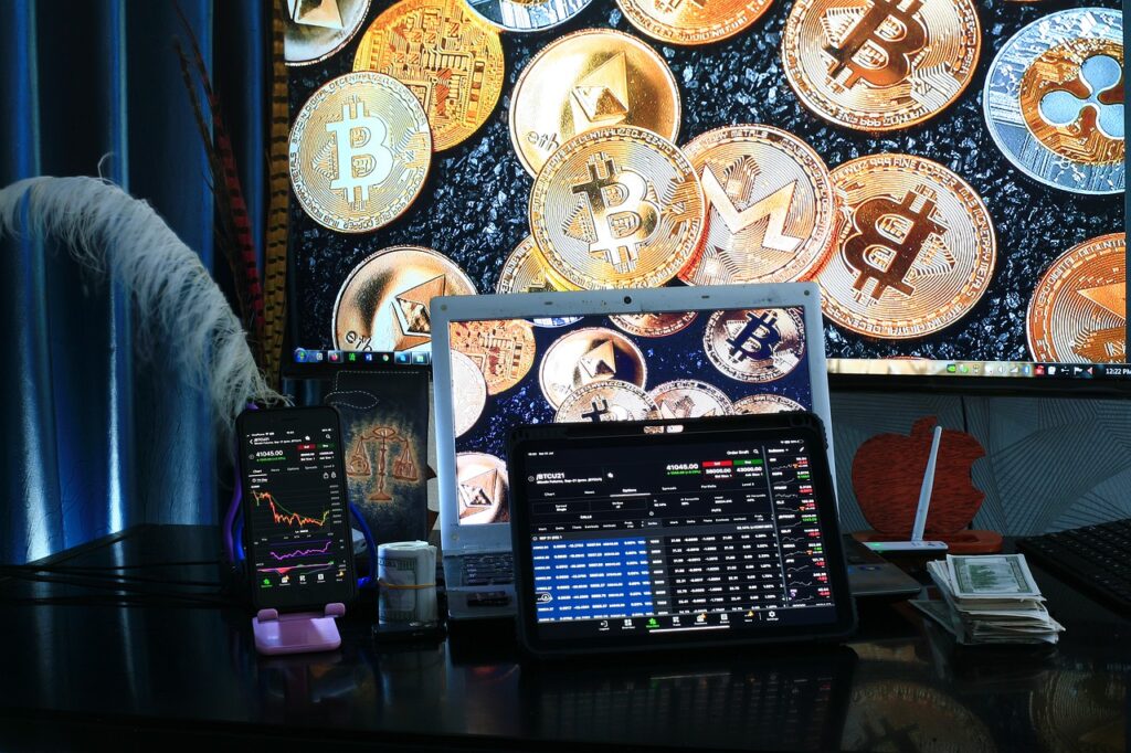 Blockchain.com files confidentially for US IPO amid growing crypto listings multiple cryptocurrency coins with a trading desk and money and displays showing a day trader making money off the markets.