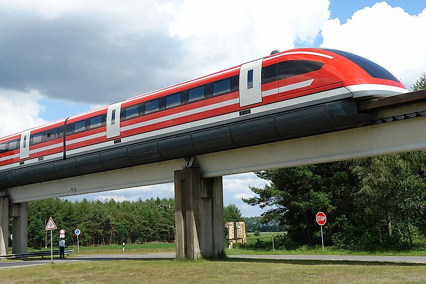 The Transrapid 09 monorail train on the Emsland Test Facility in Germany
