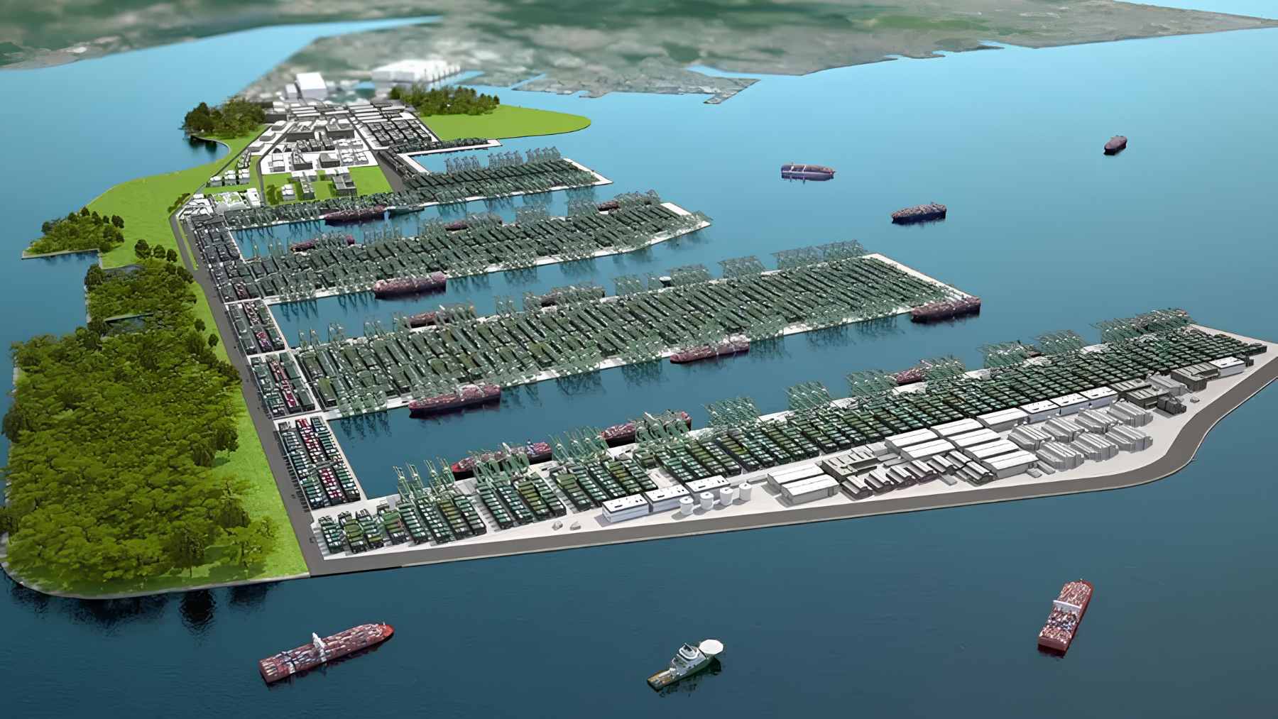 Massive concrete caissons being lowered into the sea to form the foundation of Singapore's automated Tuas Port expansion.