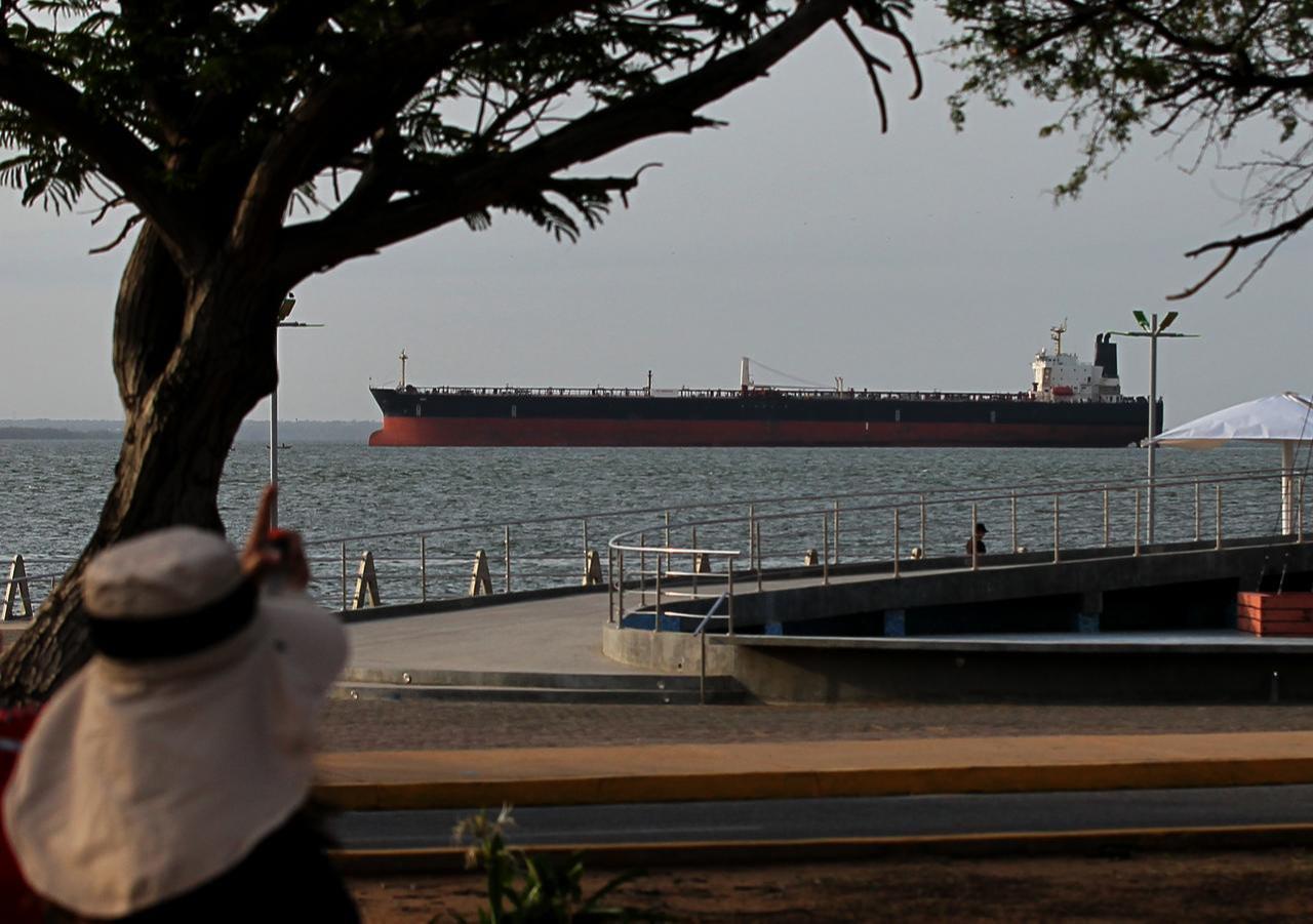 An oil tanker is seen on Lake Maracaibo, loaded with petroleum, waiting to depart for refineries in the United States, in Maracaibo, Venezuela, on May 11, 2026. (AA Photo)