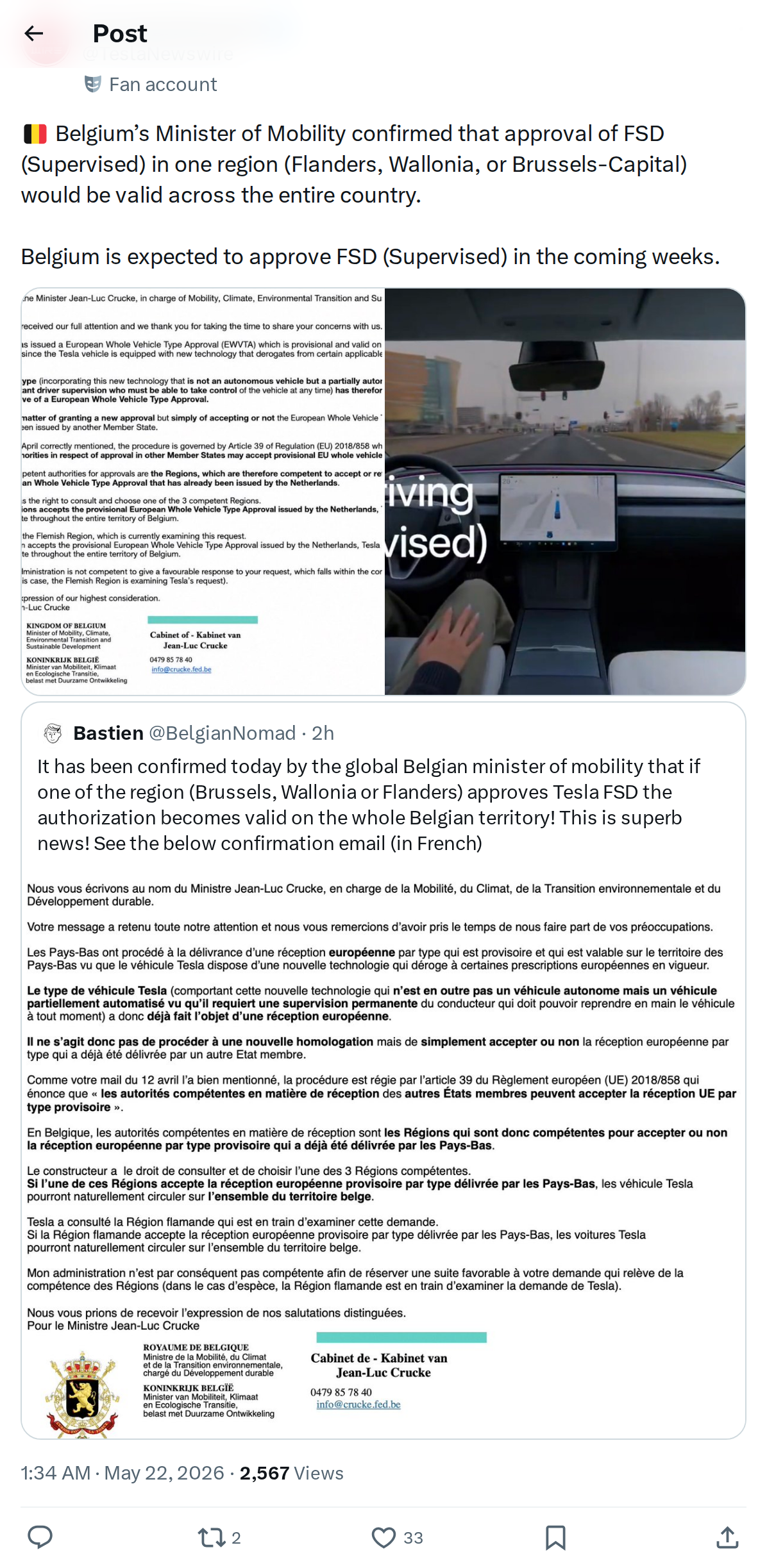 TeslaNewswire tweet about FSD Supervised approval in Belgium