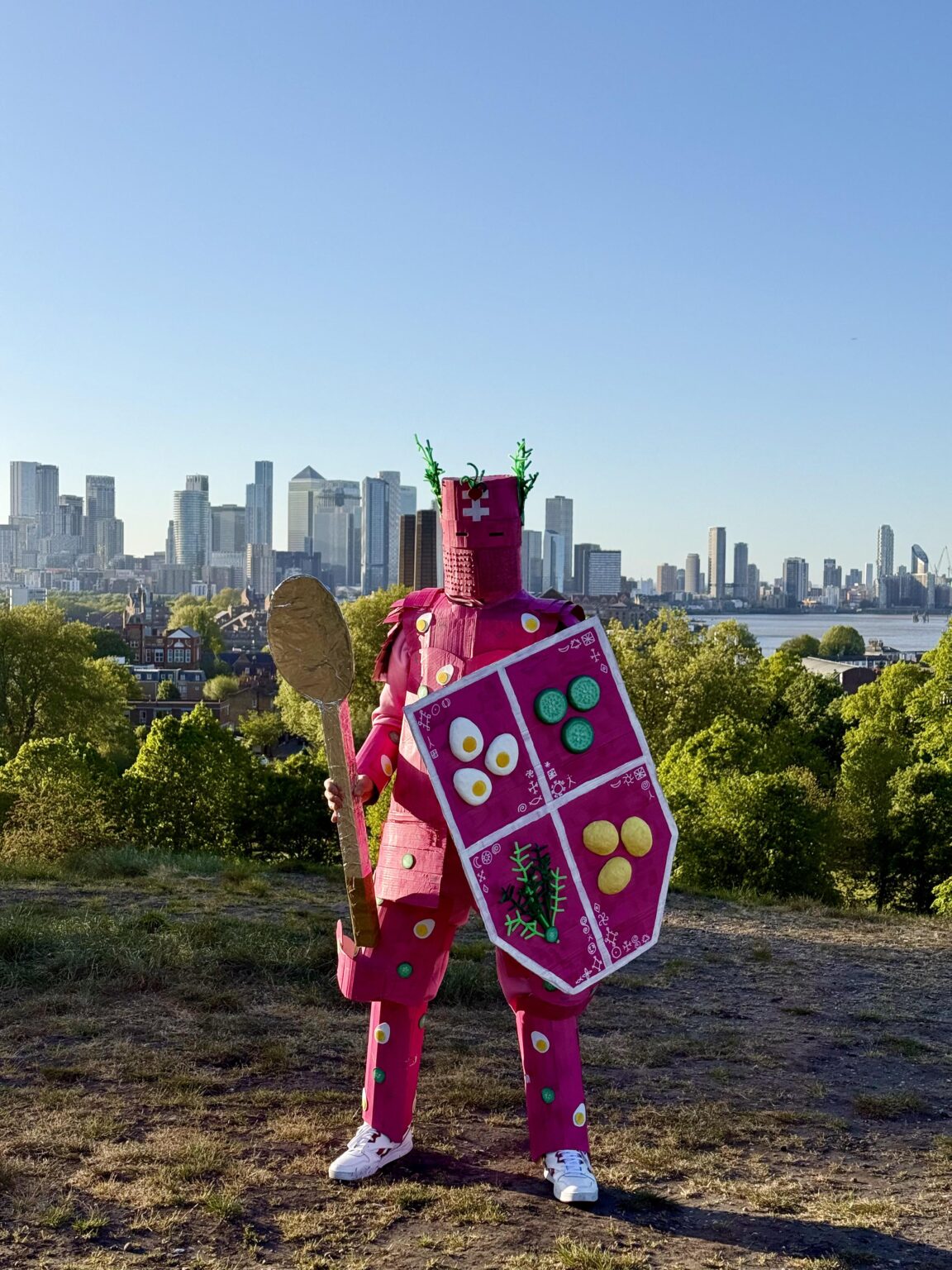 My friend is participating in the Pink Soup Festival competition. What do you think of his costume?