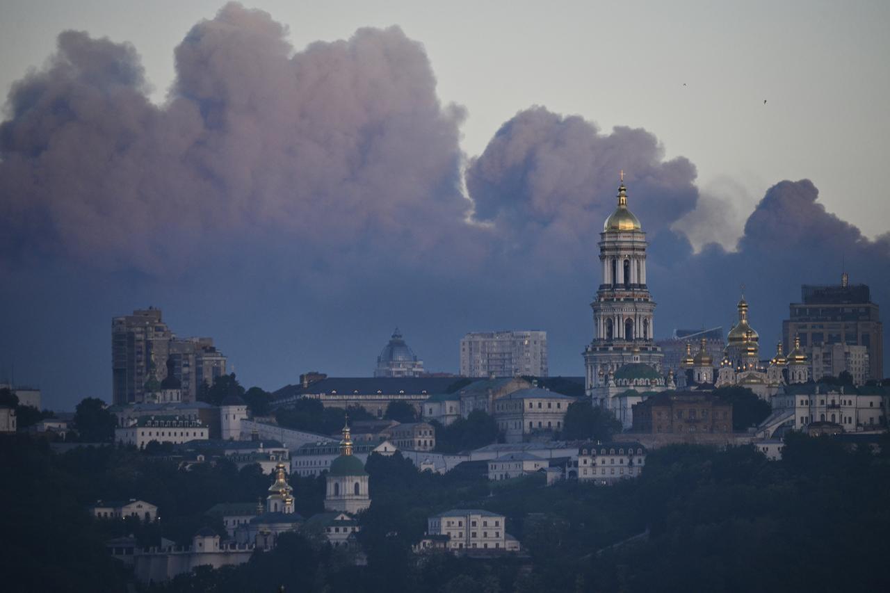 Smoke rises above Kyiv during a Russian strike on the Ukrainian capital on May 24, 2026. (AFP Photo)