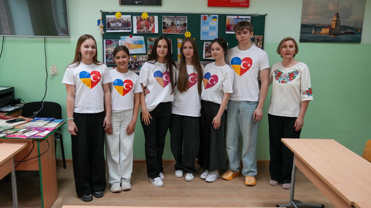 Ukrainian students are seen at Kyiv No. 1 High School of Eastern Languages as they learn Turkish language in the shadow of the war in Ukraine on May 21, 2026. (AA Photo)