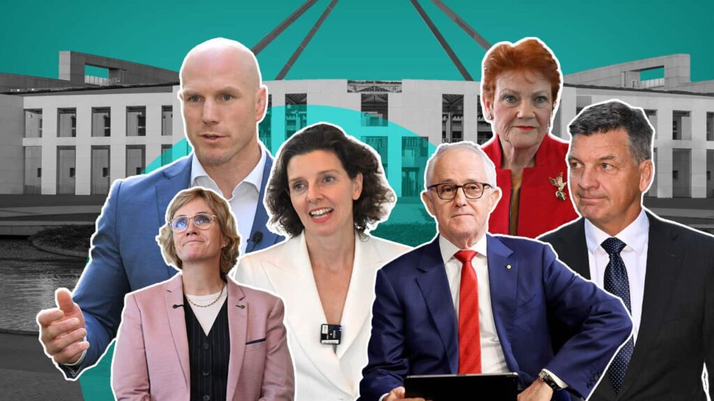 The financial factor that could reshape Australia’s ‘teal’ movement Collage of Australian politicians in front of Parliament House