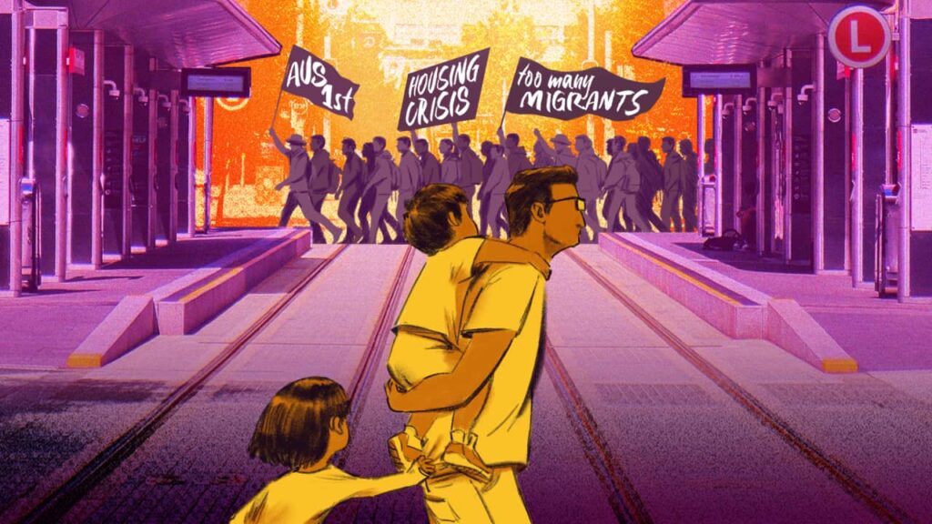 How migration debate is reshaping life for Indian Australians A stylised image of a man walking with his two children across a tram station, with a group of protesters holding placards visible in the background at a distance.