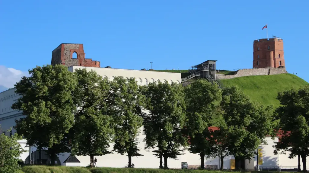 Gedimino pilies bokštas ir Valdovų rūmai saulėtą dieną Vilniaus centre