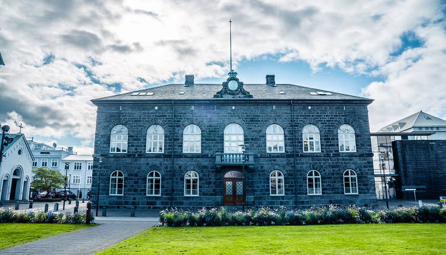 Parliament building Althingishusid on Austurvollur square in the city center of Reykjavik