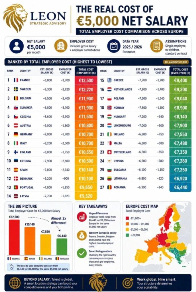 How much does a salary of 5,000 Euro net per employee in Europe cost an employer. How much does a salary of 5,000 Euro net per employee in Europe cost an employer.