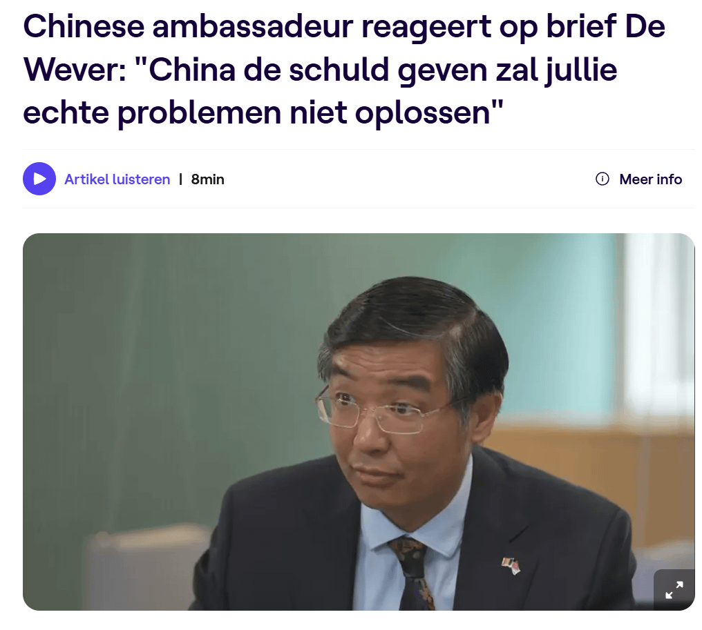Chinese ambassador responds to De Wever's letter: "Blaming China will not solve your real problems"