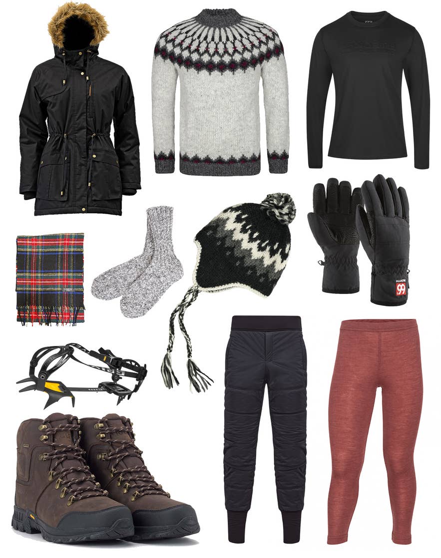 Winter gear essentials like a parka, wool sweater, crampons, and thermal layers show what to wear in Iceland in snow and ice. Winter gear essentials like a parka, wool sweater, crampons, and thermal layers show what to wear in Iceland in snow and ice.