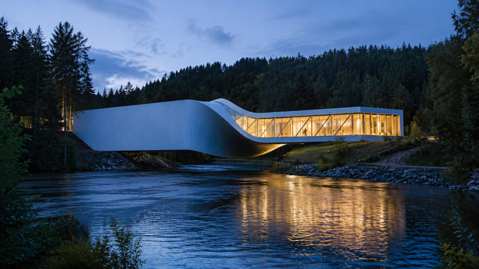 While common bridges only connect two banks, in Norway a 1,000 m² art gallery crosses the Randselva River, rotates 90 degrees on its own body, and transforms the crossing into a habitable sculpture. While common bridges only connect two banks, in Norway a 1,000 m² art gallery crosses the Randselva River, rotates 90 degrees on its own body, and transforms the crossing into a habitable sculpture.